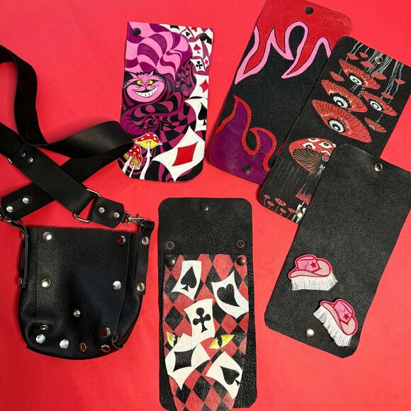 Modular Crossbody Magic – Hand-Painted Upcycled Leather Bag w/ Pin - Picture 8 of 12